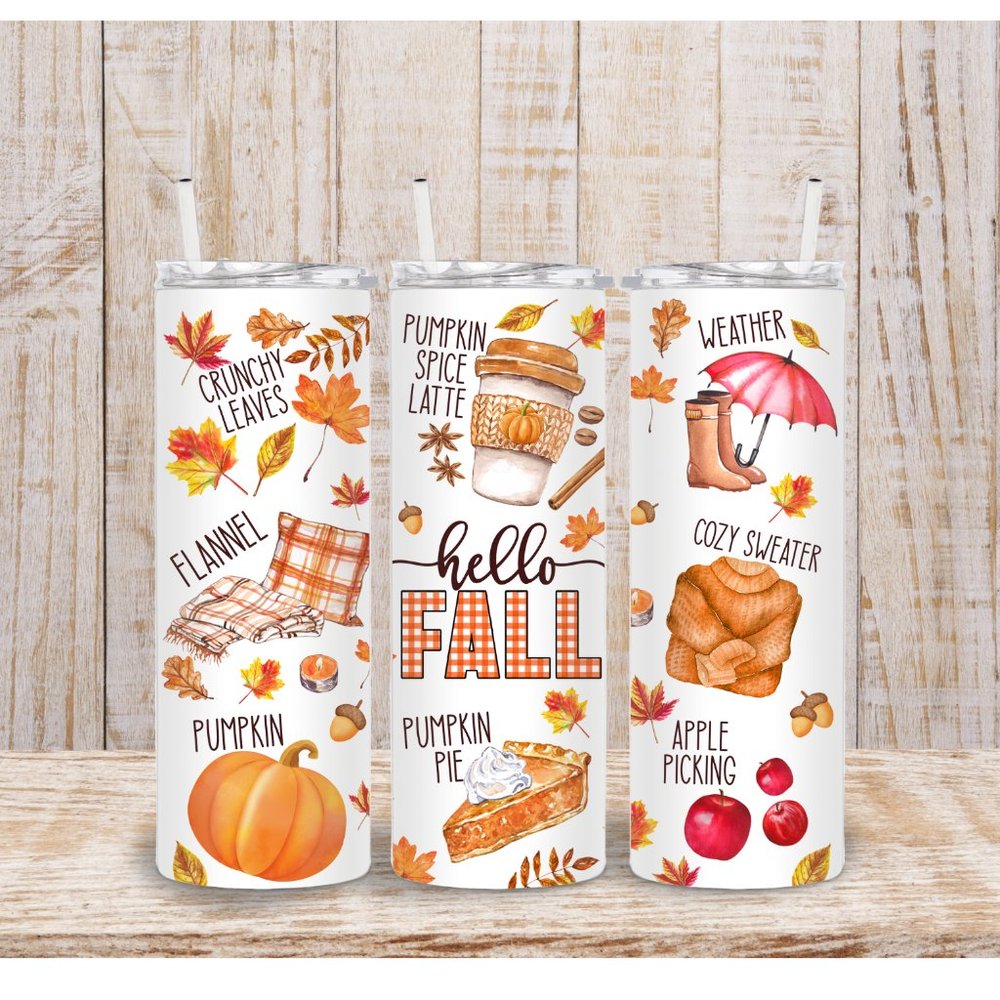 Hello Fall Tumbler, 20 oz Tumbler, Fall Pumpkin Flannel Leaves Pie